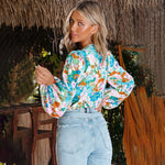 V-Neck Lantern Long Sleeve Floral Shirt Wholesale Women Tops