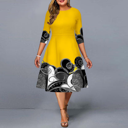 Casual Printed Swing A-Line Dress Crew Neck Long Sleeve Wholesale Plus Size Clothing