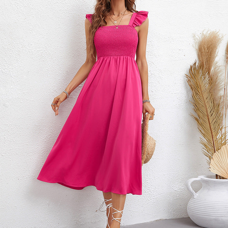 Ruffled Sling High Waist Slim Swing A-Line Dress Wholesale Dresses