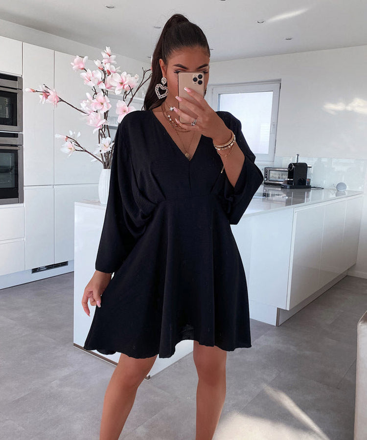 Dolman Sleeve Solid Color V Neck Casual Loose Dress Wholesale Dresses