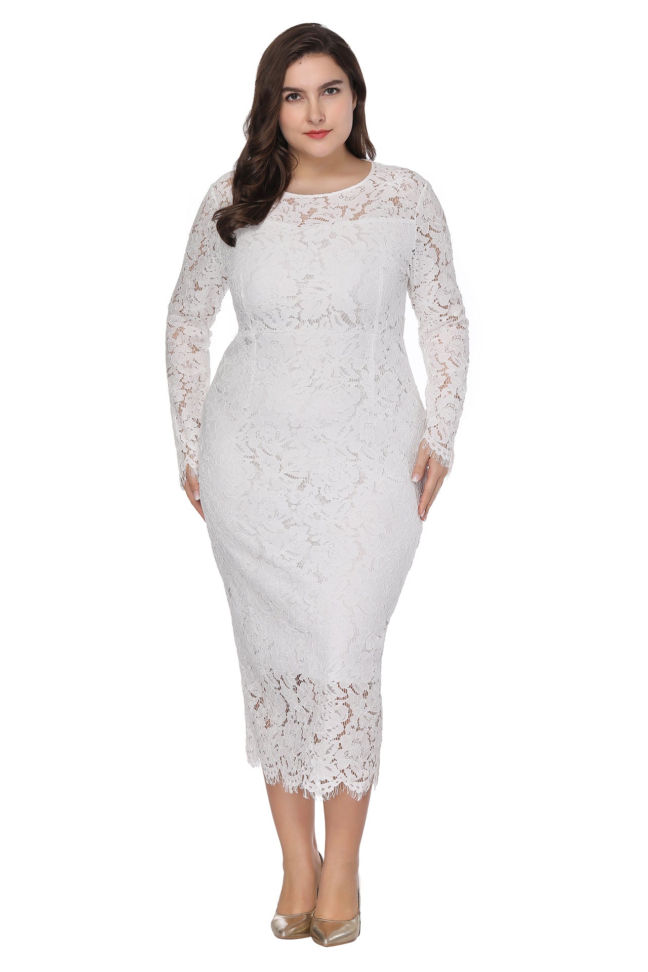 Sexy Lace Hollow Midi Dress Slim Solid Color Long Sleeve Wholesale Plus Size Clothing