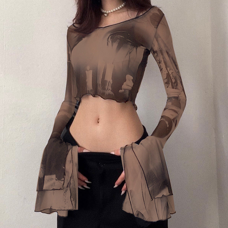 Fashion Printed Crew Neck Casual Flared Sleeve Wholesale Crop Tops