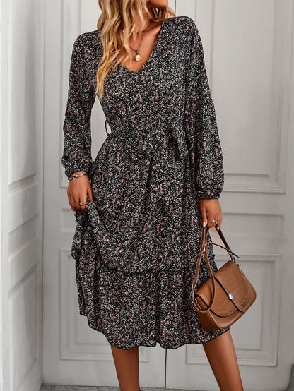 Casual Long-Sleeved Floral Print V-Neck Chiffon Ruffle Dress Wholesale Dresses