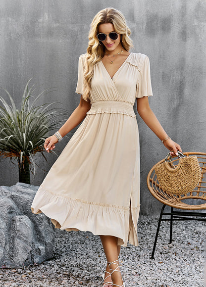 Casual Solid Color V-Neck Waist Open Dress Wholesale Dresses