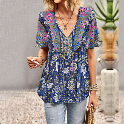 Boho Print Temperament V-Neck Bohemian Shirt Wholesale Womens Tops