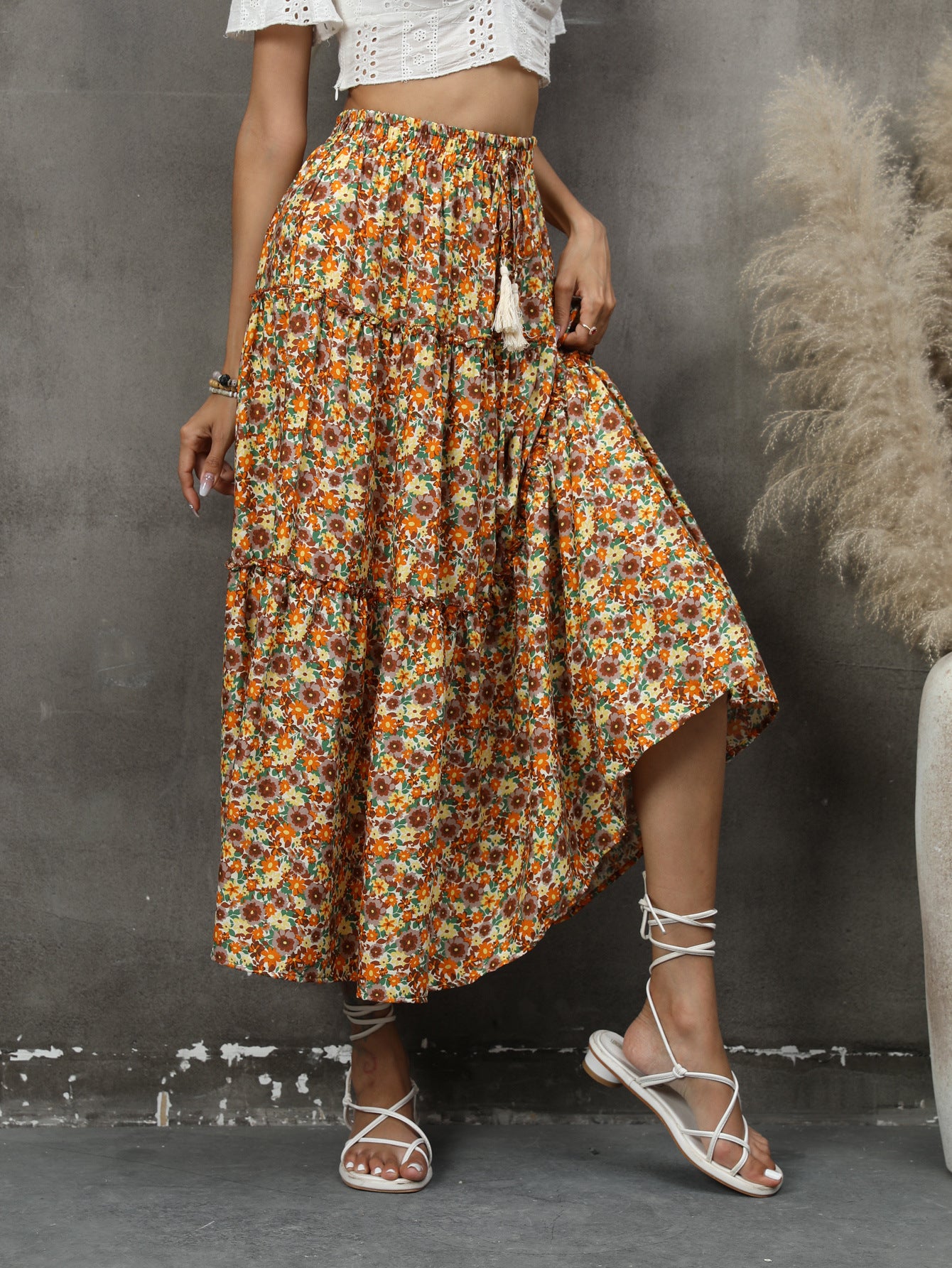 Floral Print Boho Fashion Smocked Bohemian Swing Long Skirt Wholesale Skirts