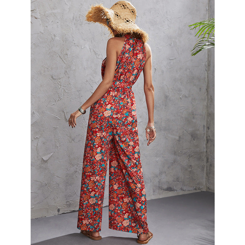 Halterneck Sleeveless Tie-Up Wide-Leg Floral Print Women Jump Suit Wholesale Jumpsuits