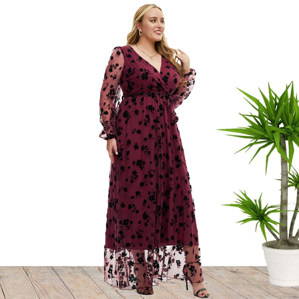 Wholesale Women'S Plus Size Clothing V-Neck See-Through Long-Sleeved Tie Elegant Party Dress