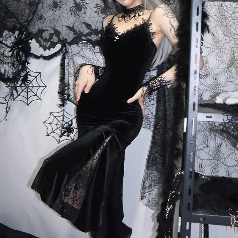 Dark Lace Slim Stitching Sling Mermaid Dress Wholesale Dresses