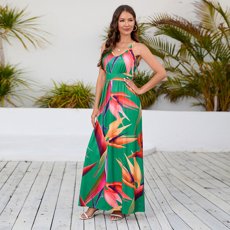 Fashion Printed Suspender High Waist Sling Dress Wholesale Maxi Dresses