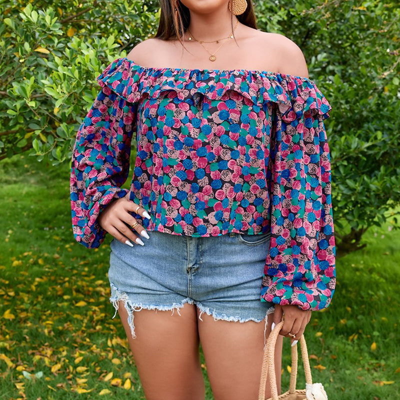 Sexy Off-Shoulder Printed Shirt Tops Long Sleeve Ruffled Wholesale Plus Size Clothing