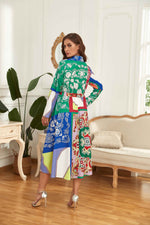 Fashion Colorblock Lapel Dress Lace-Up Long Sleeve Midi Slit Dresses Wholesale Plus Size Clothing