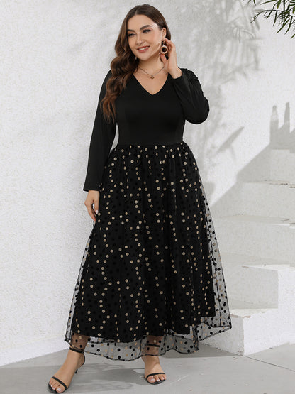 Wholesale Women'S Plus Size Clothing V-Neck Long-Sleeved Stitching Polka-Dot Bronzing Dress