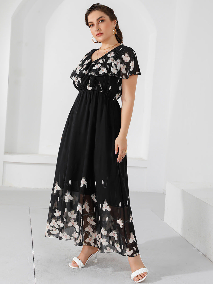 V-Neck Flared Sleeves Ruffled Chiffon Swing Casual Curvy Dresses Wholesale Plus Size Clothing