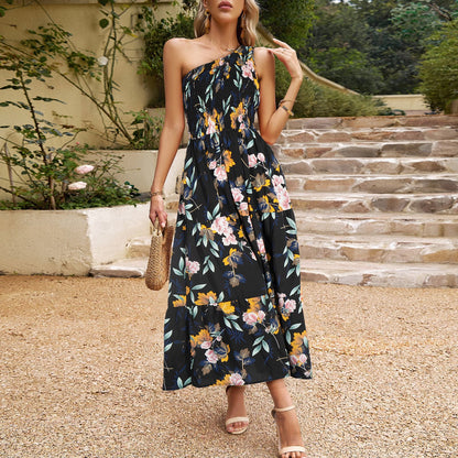 Elegant Sloping Shoulder Flower Print Long Dress Wholesale Dresses