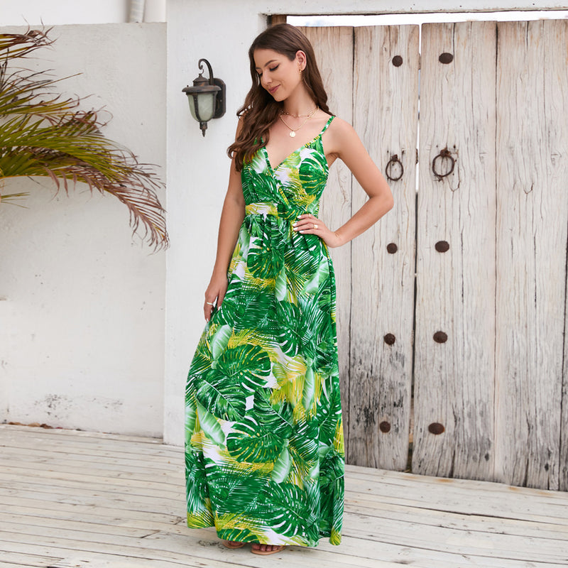 Hawaii Palma Printed Sexy V-Neck High Waist Sling Dress Wholesale Maxi Dresses