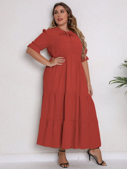 Wholesale Women'S Plus Size Clothing Round Neck Tie Short Sleeve Slim Solid Color Dress