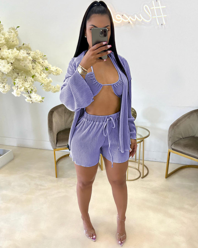 Womens 3 Piece Sets Solid Color Sexy Bikini Tops & Shorts & Cardigan Wholesale Women Clothing
