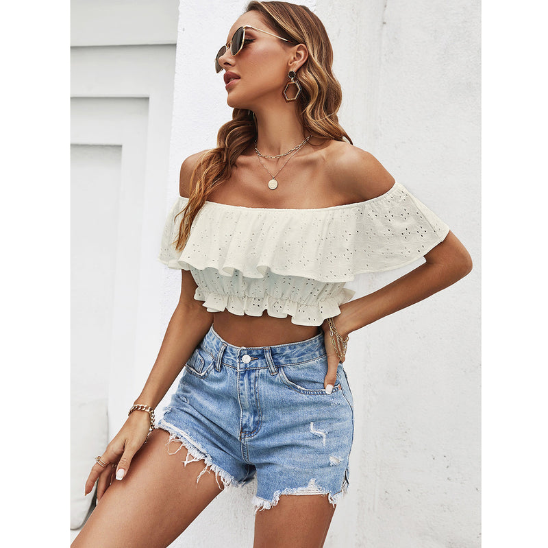 Slim-Fit Large Ruffle Off Shoulder Cropped Vacation Tube Top Wholesale Womens Tops