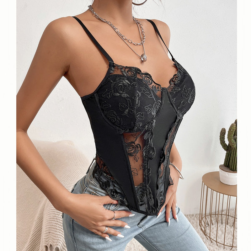 Sexy Lace Rose Pattern Fishbone Patchwork Diamond Shaped Sling Top Wholesale Womens Tops