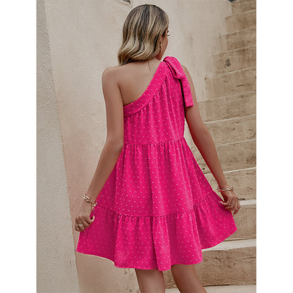 Lace-Up Slanted Shoulder A-Line Jacquard Smocked Dress Wholesale Dresses