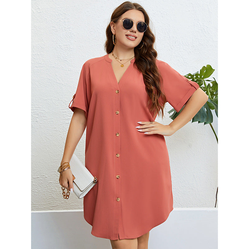 Casual Short-Sleeved V-Neck Button-Down Dress Wholesale Dresses