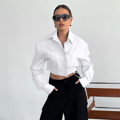 Shoulder Pad Long Sleeve Solid Color Loose Short Shirt Crop Tops Wholesale Women'S Tops