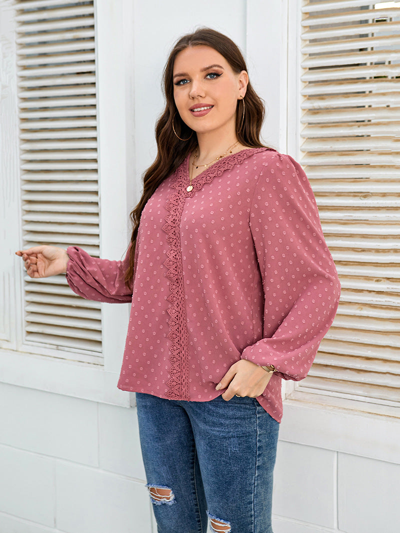 Long Sleeve Jacquard Chiffon Curvy Women Shirts Wholesale Plus Size Clothing