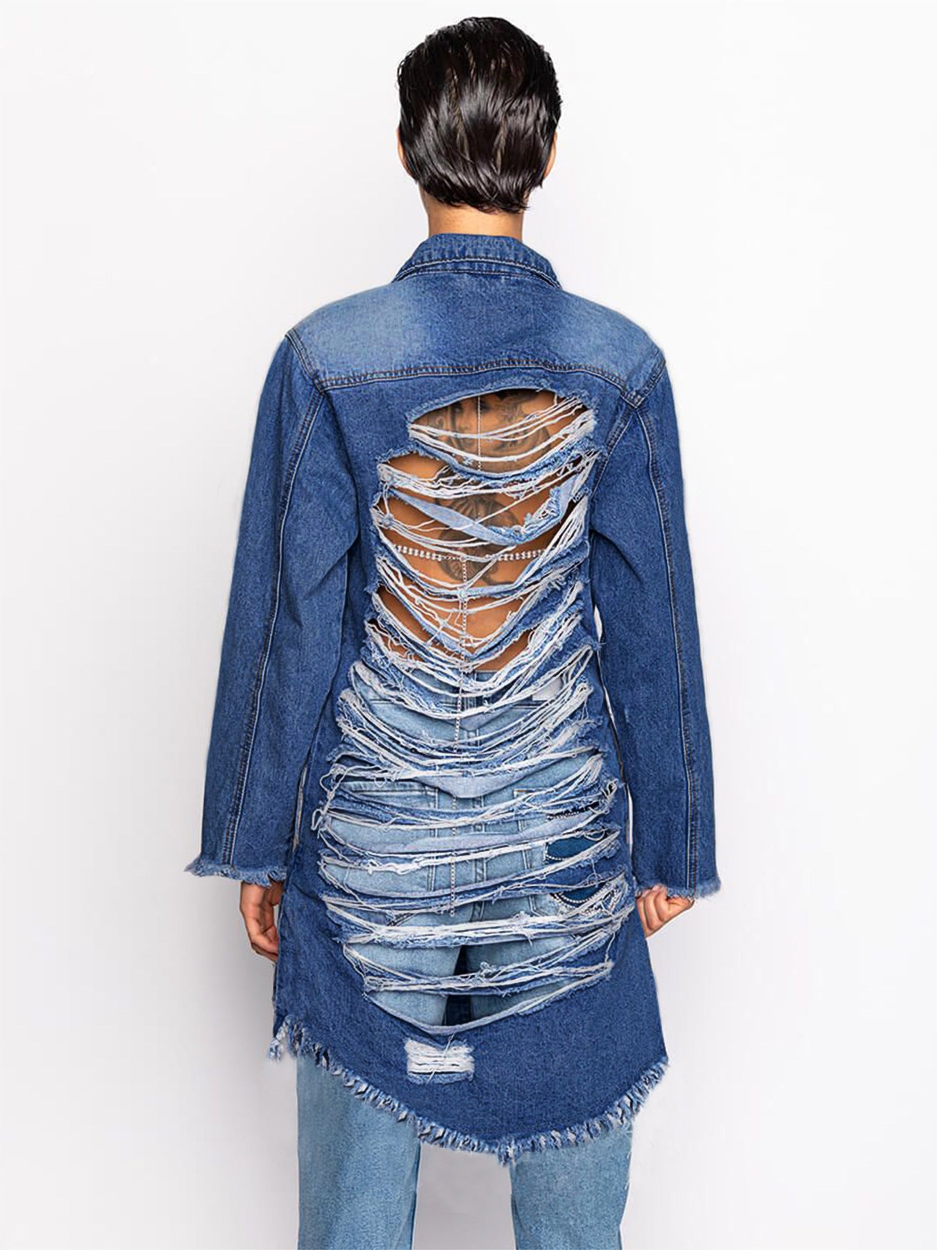 Fashion Long-Sleeved Ripped Hole Mid-Length Denim Jacket Wholesale Womens Clothing