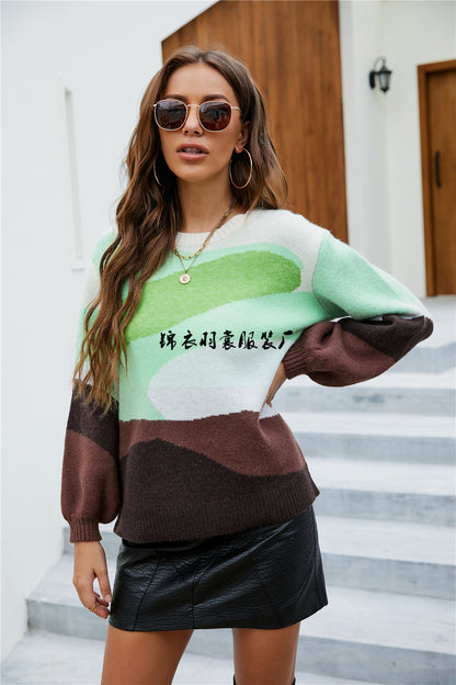 Splicing Knitted O-neck Patchwork Colorblock Sweater Pullover Sweater 2021 Autumn and Winter New Color