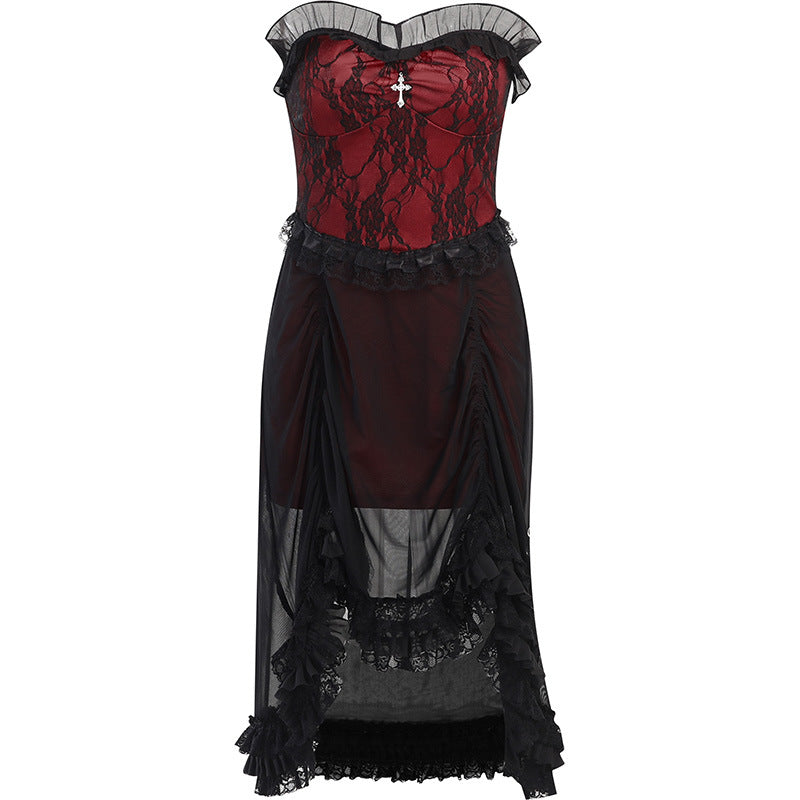 Dark Gothic Stitching Lace Irregular See-Through Dress Wholesale Dresses