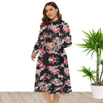 Casual Floral Crew Neck Midi Swing Dress Long Sleeve Lace-Up Wholesale Plus Size Clothing