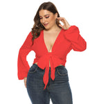 Sexy V-Neck Crop Tops Solid Color Long Sleeve Women Wholesale Plus Size Clothing