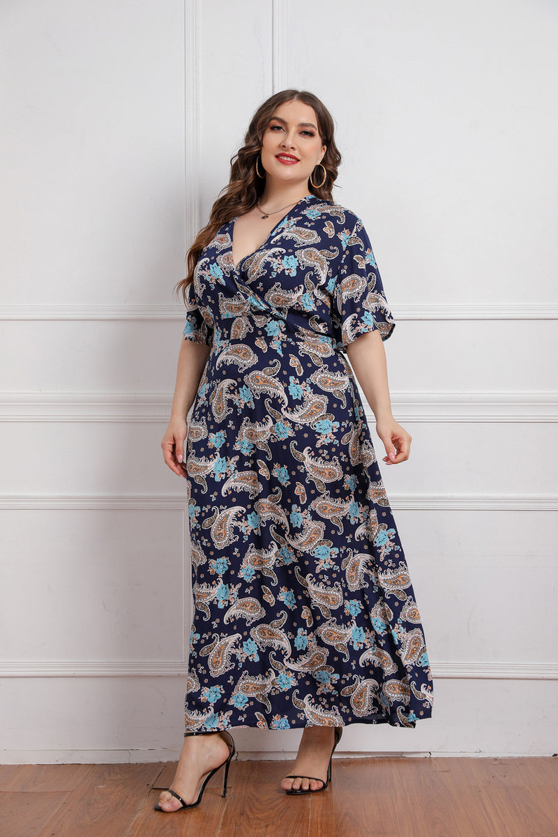 Casual V-Neck Midi Swing Dress Short Sleeve Print Wholesale Plus Size Clothing