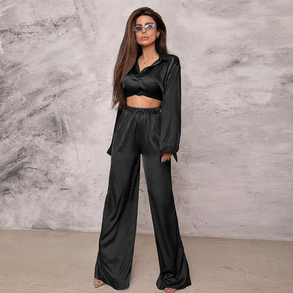 Satin Solid Color Shirt Wide-Leg Pants Loose Simple Suit Wholesale Women'S Clothing