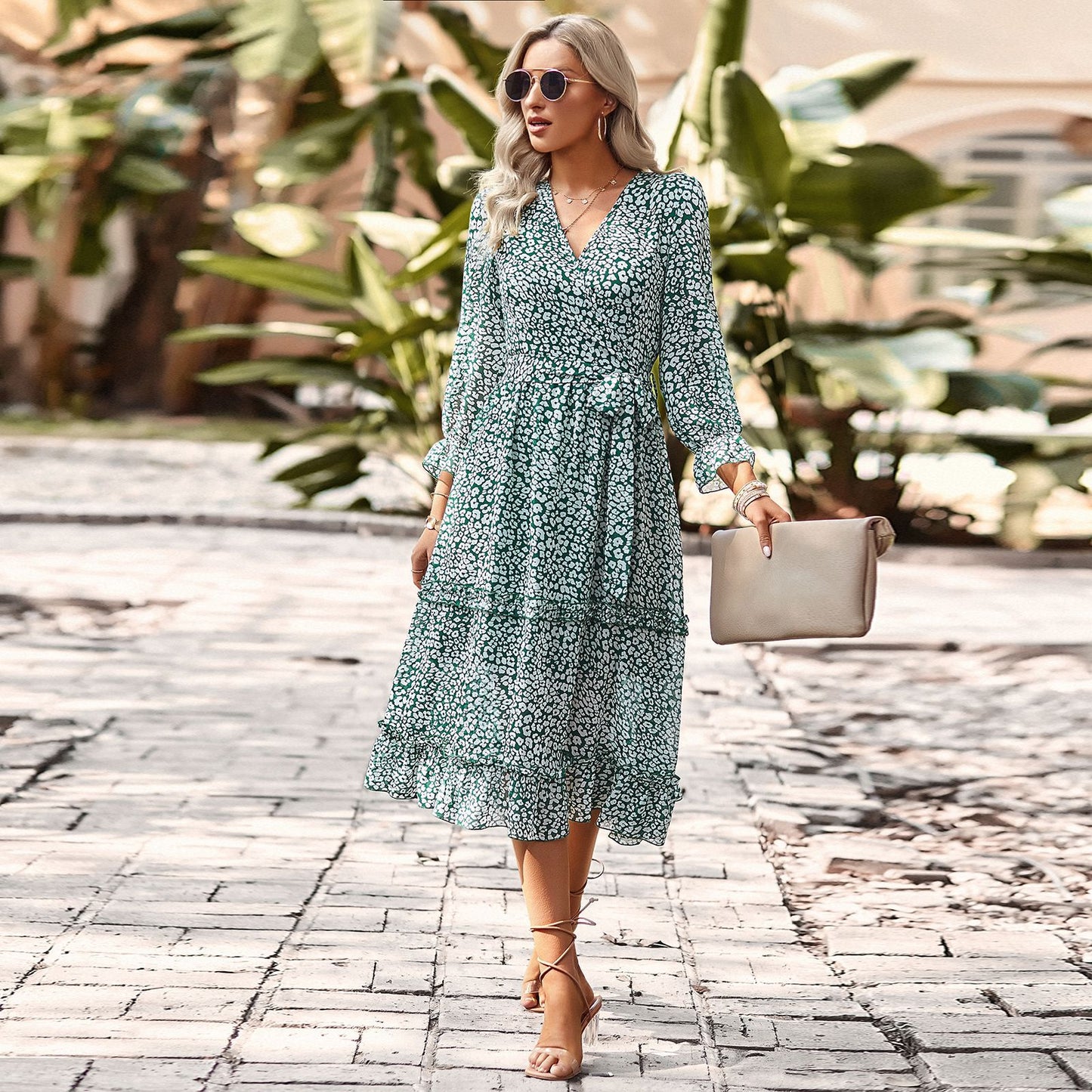 Temperament Elegant Tie-Up V-Neck 3/4 Sleeve Floral Swing Dress Wholesale Dresses