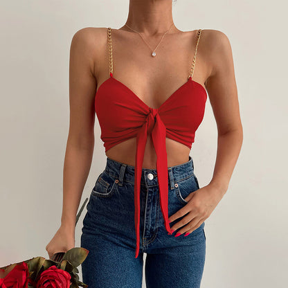 Sexy V-Neck Chain Strap Tube Top Solid Color Backless Wholesale Crop Tops