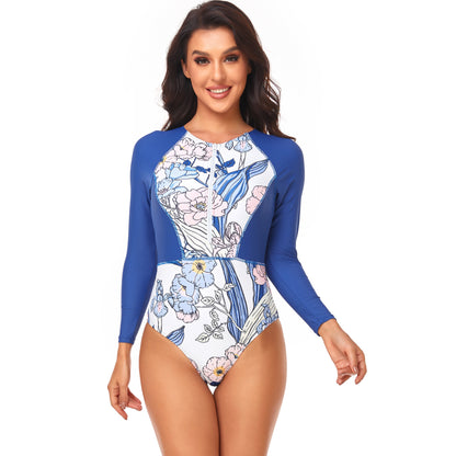 Long Sleeve Zip Triangle Conservative Contrast Print One-Piece Swimsuit Wholesale Women'S Clothing