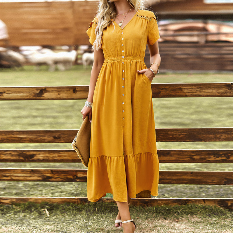 Slit Hollow Simple Short-Sleeved V-Neck Solid Color Dress Wholesale Dresses