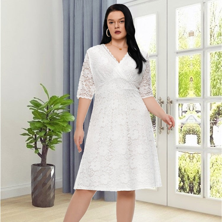 Wholesale Women'S Plus Size Clothing V Neck Slim Hollow Lace Solid Color Daily Banquet Dress