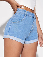 Fashionable Non-Stretch Button Solid Color Rolled Denim Shorts Wholesale Womens Clothing