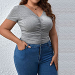 Plus Size Slim V Neck Solid Color Short Sleeve T-Shirt Top Wholesale Women'S Tops