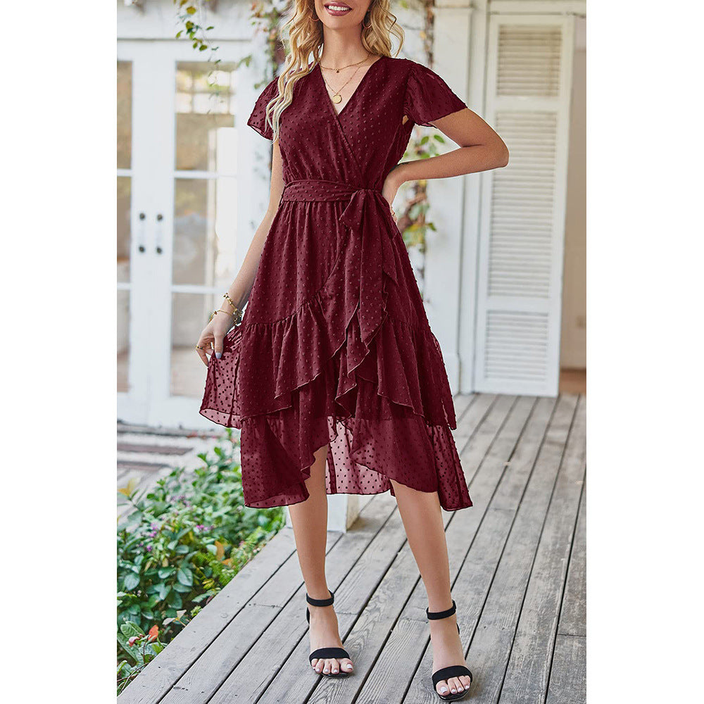 V-Neck Short Sleeves Lace-Up Jacquard Ruffled Wrap Dress Wholesale Dresses