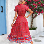 Boho Printed Flare Short Sleeve Lace-Up Ethnic Style Midi Bohemian Dress Wholesale Dresses N5323022200230