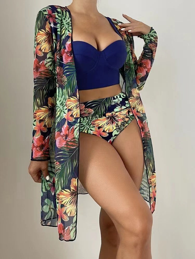 High Waist Long Sleeve Mesh Print Bikini Three-Piece Swimsuit Wholesale Women'S Clothing