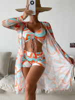 Three-Piece Printed Long-Sleeved Blouse Approved Boxer Bikini Set Wholesale Women'S Clothing
