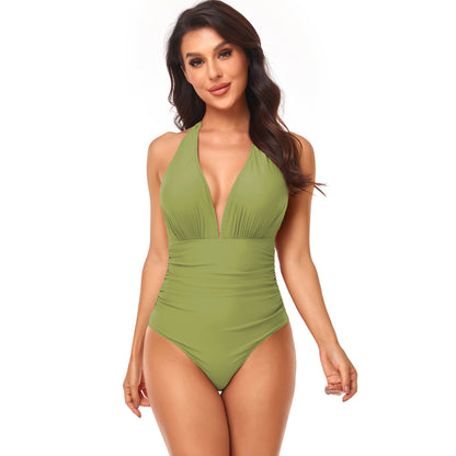 Triangle Solid Gathered Halter Neck One-Piece Swimsuit Wholesale Women'S Clothing