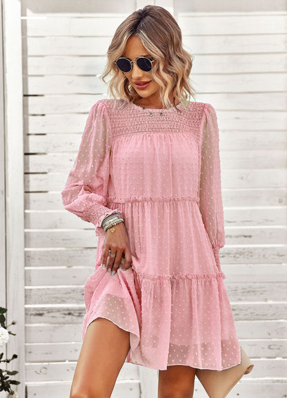 Jacquard Sheer Panel Long Sleeve Pleated Round Neck Dress Wholesale Dresses