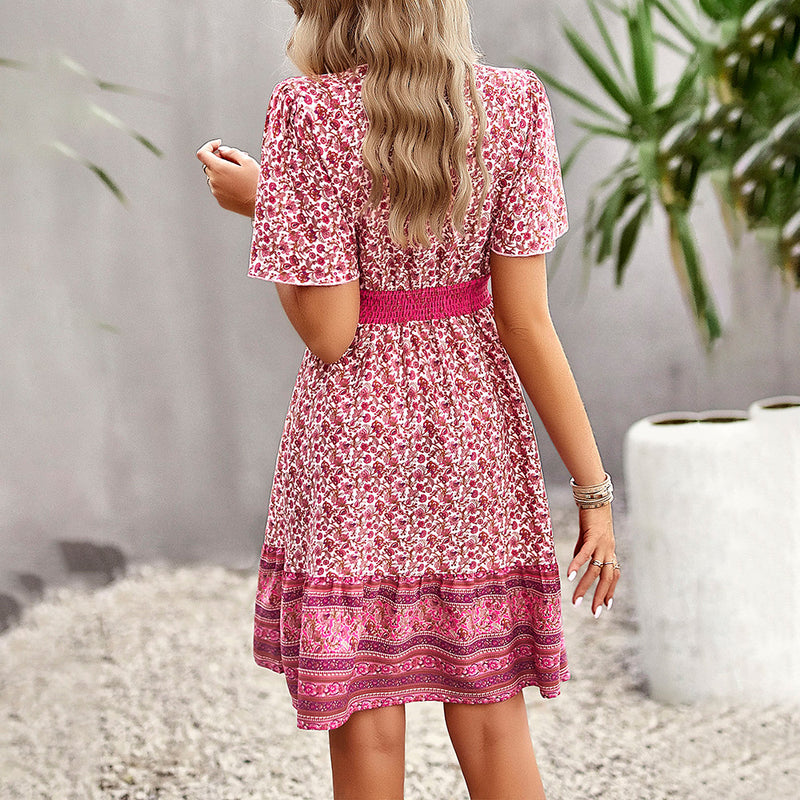 V-Neck Floral Bohemian Short-Sleeved Mid-Length Dress Wholesale Dresses