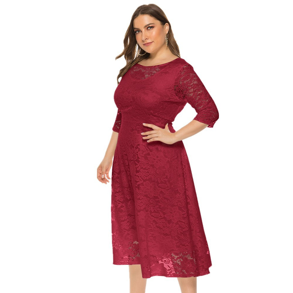 Sexy Hollow Lace Mid-Sleeve Midi Dress With Pockets A-Line Solid Color Dresses Wholesale Plus Size Clothing